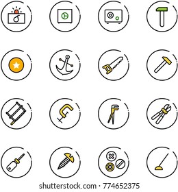 line vector icon set - terrorism vector, safe, work, star medal, anchor, saw, hammer, bucksaw, clamp, plumber, bolt cutter, screwdriver, screw, rivet, hoe