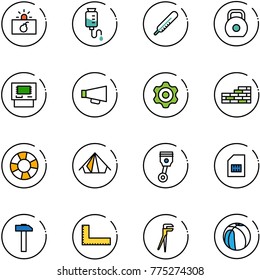 Line Vector Icon Set - Terrorism Vector, Drop Counter, Thermometer, Weight, Atm, Loudspeaker, Gear, Brick Wall, Lifebuoy, Tent, Piston, Sim, Hammer, Corner Ruler, Plumber, Basketball