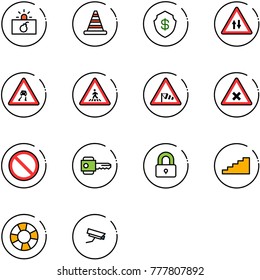 line vector icon set - terrorism vector, road cone, safe, oncoming traffic sign, slippery, pedestrian, side wind, railway intersection, prohibition, key, locked, stairs, lifebuoy