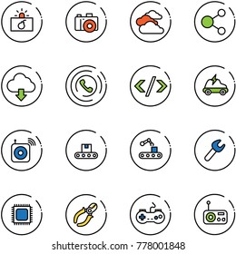 line vector icon set - terrorism vector, camera, clouds, share, download cloud, phone horn, tag code, electric car, wireless speaker, conveyor, wrench, cpu, side cutters, gamepad, radio