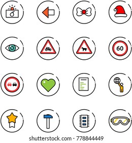 line vector icon set - terrorism vector, left arrow, bow, christmas hat, eye, road for moto sign, cow, speed limit 60, no overtake, heart, document, world, star medal, hammer, chip