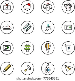 line vector icon set - terrorism vector, snowfall, angel, snowmobile, pills blister, banana, tap pay, credit card, signpost, air balloon, power bank, pencil, paint roller, yoyo, paper plane
