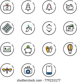 line vector icon set - terrorism vector, christmas tree, turkey, pills blister, banana, dollar sign, credit card, account statistics, piggy bank, flip flops, air balloon, dragonfly, camera