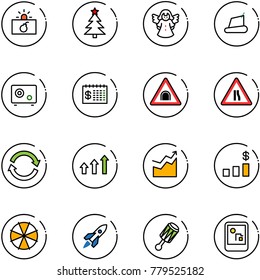 line vector icon set - terrorism vector, christmas tree, angel, treadmill, safe, finance calendar, tunnel road sign, narrows, refresh, arrows up, growth, dollar chart, parasol, rocket, beanbag