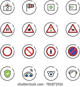 line vector icon set - terrorism vector, side wind, safe, oncoming traffic road sign, tractor way, light, cow, prohibition, no pedestrian, parking, shield check, car wireless, surveillance camera
