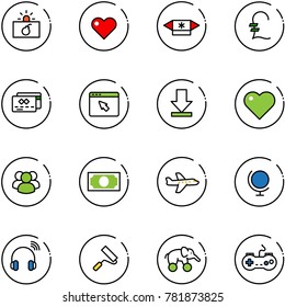line vector icon set - terrorism vector, heart, candy, pound, credit card, cursor browser, download, group, money, plane, globe, wireless headphones, paint roller, elephant wheel, gamepad
