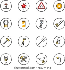 line vector icon set - terrorism vector, christmas star, Road narrows sign, medal, gold, drink, piston, saw, hammer, plumber, farm fork, winch, wrench, wheelbarrow, allen key