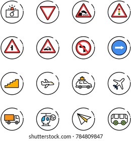 line vector icon set - terrorism vector, giving way road sign, embankment, traffic light, intersection, car crash, no left turn, only right, stairs, plane, baggage, truck toy, helicopter, paper, bus