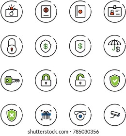 line vector icon set - terrorism vector, passport, identity, lock, safe, insurance, key, locked, unlocked, shield check, cross, fingerprint scanner, surveillance camera