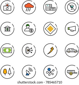 line vector icon set - terrorism vector, storm, hospital building, no alcohol sign, bank, account, main road, loudspeaker, money, solution, growth, limousine, forest, satellite antenna, molecule