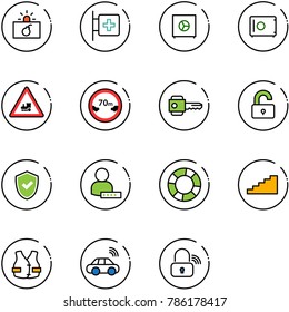 line vector icon set - terrorism vector, first aid room, safe, railway intersection road sign, limited distance, key, unlocked, shield check, user password, lifebuoy, stairs, life vest, car wireless