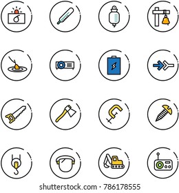 Line Vector Icon Set - Terrorism Vector, Thermometer, Drop Counter, Ship Bell, Fishing, Projector, Battery, Connect, Saw, Axe, Clamp, Screw, Winch, Protect Glass, Excavator Toy, Radio