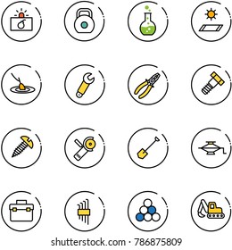 line vector icon set - terrorism vector, weight, round flask, mat, fishing, wrench, pliers, bolt, screw, Angular grinder, shovel, jack, tool box, allen key set, billiards balls, excavator toy