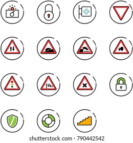line vector icon set - terrorism vector, lock, first aid room, giving way road sign, oncoming traffic, climb, embankment, tractor, light, side wind, railway intersection, locked, shield, lifebuoy