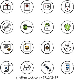 line vector icon set - terrorism vector, passport, safe, lock, end overtake limit road sign, key, unlocked, shield, certificate, anchor, identity card, wireless, link, server