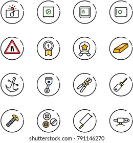 line vector icon set - terrorism vector, safe, Road narrows sign, gold medal, star, anchor, piston, bolt cutter, screwdriver, screw, rivet, metal hacksaw, pipe welding
