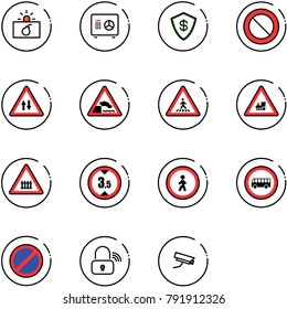 line vector icon set - terrorism vector, safe, prohibition road sign, oncoming traffic, embankment, pedestrian, railway intersection, limited height, no, bus, parking, wireless lock