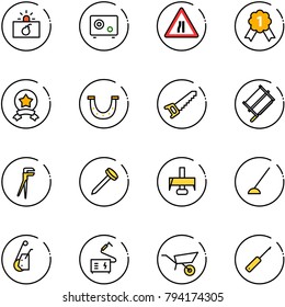 line vector icon set - terrorism vector, safe, Road narrows sign, gold medal, star, luck, saw, bucksaw, plumber, nail, milling cutter, hoe, winch, welding, wheelbarrow, awl