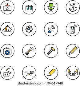 line vector icon set - terrorism vector, vial, office chair, anchor, tent, gear, satellite antenna, remote control, camera, wrench, screw, pencil, welding, pipe, work knife, sharpening