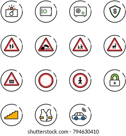 line vector icon set - terrorism vector, safe, oncoming traffic road sign, embankment, children, wild animals, railway intersection, prohibition, no pedestrian, locked, stairs, life vest