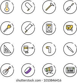line vector icon set - thermometer vector, fretsaw, mason hammer, chisel, wood drill, metal hacksaw, multimeter, jig saw, corner ruler, laser lever, allen key, forceps, guitar, tambourine, xylophone