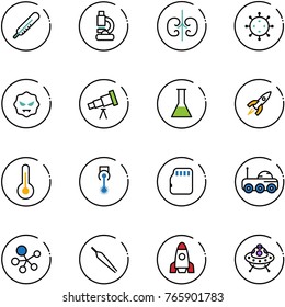 line vector icon set - thermometer vector, lab, kidneys, virus, telescope, flask, rocket, laser, micro flash card, moon rover, molecule, forceps, ufo toy