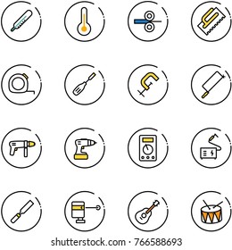 line vector icon set - thermometer vector, steel rolling, trowel, measuring tape, chisel, clamp, metal hacksaw, drill machine, multimeter, welding, rasp, laser lever, guitar, drum