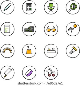 line vector icon set - thermometer vector, calculator, office chair, search money, document, brick wall, sunglasses, beach, rainbow, sand castle, jointer, bolt, metal hacksaw, tambourine