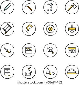 line vector icon set - thermometer vector, rock axe, bezier, bucksaw, clamp, saw disk, milling cutter, soldering iron, tool box, cocncrete mixer, generator, cabinet, welding, lawn mower