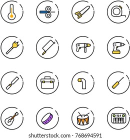 line vector icon set - thermometer vector, steel rolling, saw, measuring tape, wood drill, metal hacksaw, machine, rasp, tool box, allen key, awl, guitar, tambourine, drum, toy piano