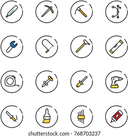 line vector icon set - thermometer vector, job, rock axe, bezier, wrench, fretsaw, mason hammer, level, measuring tape, nail dowel, clinch, drill, soldering iron, brush, allen key set, marker