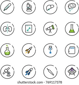 line vector icon set - thermometer vector, lab, liver, brain, kidneys, x ray, telescope, flask, round, rocket, laser, micro flash card, satellite, forceps, ufo toy