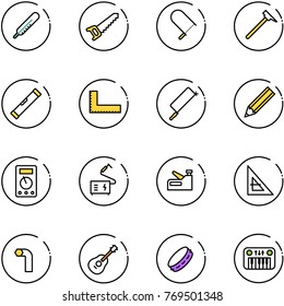 line vector icon set - thermometer vector, saw, fretsaw, mason hammer, level, corner ruler, metal hacksaw, pencil, multimeter, welding, stapler, allen key, guitar, tambourine, toy piano