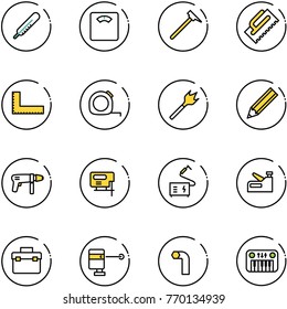 line vector icon set - thermometer vector, floor scales, mason hammer, trowel, corner ruler, measuring tape, wood drill, pencil, machine, jig saw, welding, stapler, tool box, laser lever, allen key