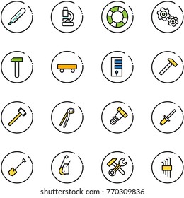 line vector icon set - thermometer vector, lab, lifebuoy, gears, work, skateboard, server, hammer, sledgehammer, plumber, bolt, clinch, shovel, winch, wrench, allen key set