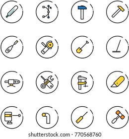 Line Vector Icon Set - Thermometer Vector, Bezier, Hammer, Chisel, Angular Grinder, Shovel, Rake, Pipe Welding, Wrench Screwdriver, Clamp, Work Knife, Laser Lever, Allen Key, Awl, Toy