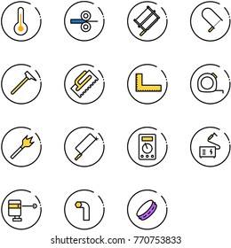 line vector icon set - thermometer vector, steel rolling, bucksaw, fretsaw, mason hammer, trowel, corner ruler, measuring tape, wood drill, metal hacksaw, multimeter, welding, laser lever, allen key