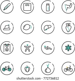 line vector icon set - thermometer vector, floor scales, vial, power hand, treadmill, lemon, liver, heart, pull ups, gymnastics, abdominal muscles, ambulance star, bike, sweet pepper, onion