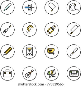 line vector icon set - thermometer vector, steel rolling, fretsaw, measuring tape, chisel, clamp, side cutters, metal hacksaw, pencil, multimeter, jig saw, rasp, tool box, guitar, xylophone