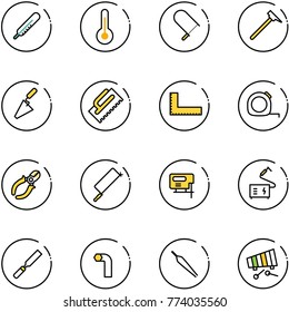 line vector icon set - thermometer vector, fretsaw, mason hammer, trowel, corner ruler, measuring tape, side cutters, metal hacksaw, jig saw, welding, rasp, allen key, forceps, xylophone