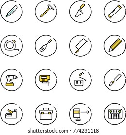 line vector icon set - thermometer vector, mason hammer, trowel, level, measuring tape, chisel, metal hacksaw, pencil, drill, jig saw, welding, rasp, stapler, tool box, laser lever, toy piano