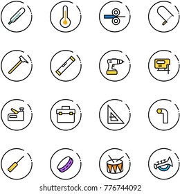 line vector icon set - thermometer vector, steel rolling, fretsaw, mason hammer, level, drill, jig saw, stapler, tool box, corner ruler, allen key, awl, tambourine, drum, horn toy