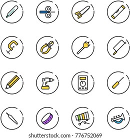 line vector icon set - thermometer vector, steel rolling, saw, level, clamp, side cutters, wood drill, metal hacksaw, pencil, multimeter, awl, forceps, tambourine, xylophone, horn toy