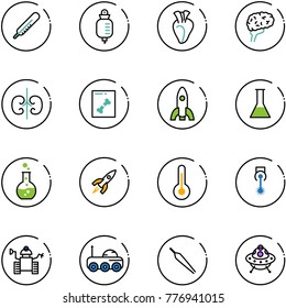 line vector icon set - thermometer vector, drop counter, heart, brain, kidneys, x ray, rocket, flask, round, laser, robot, moon rover, forceps, ufo toy