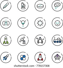 line vector icon set - thermometer vector, lab, pill, brain, kidneys, bladder, virus, rocket, satellite, robot, moon rover, atom core, ufo toy