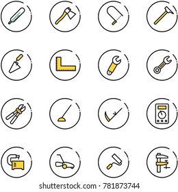 line vector icon set - thermometer vector, axe, fretsaw, mason hammer, trowel, corner ruler, wrench, bolt cutter, hoe, scythe, multimeter, machine tool, lawn mower, paint roller, clamp