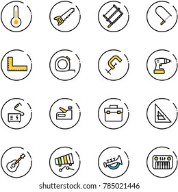 line vector icon set - thermometer vector, saw, bucksaw, fretsaw, corner ruler, measuring tape, clamp, drill, welding, stapler, tool box, guitar, xylophone, horn toy, piano