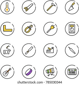 line vector icon set - thermometer vector, saw, mason hammer, trowel, corner ruler, side cutters, wood drill, multimeter, welding, rasp, stapler, forceps, guitar, tambourine, xylophone, toy piano