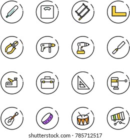 line vector icon set - thermometer vector, floor scales, bucksaw, corner ruler, side cutters, drill machine, rasp, stapler, tool box, laser lever, guitar, tambourine, drum, xylophone