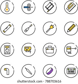 line vector icon set - thermometer vector, steel rolling, bucksaw, trowel, level, chisel, wood drill, pencil, multimeter, jig saw, tool box, laser lever, allen key, forceps, tambourine, toy piano